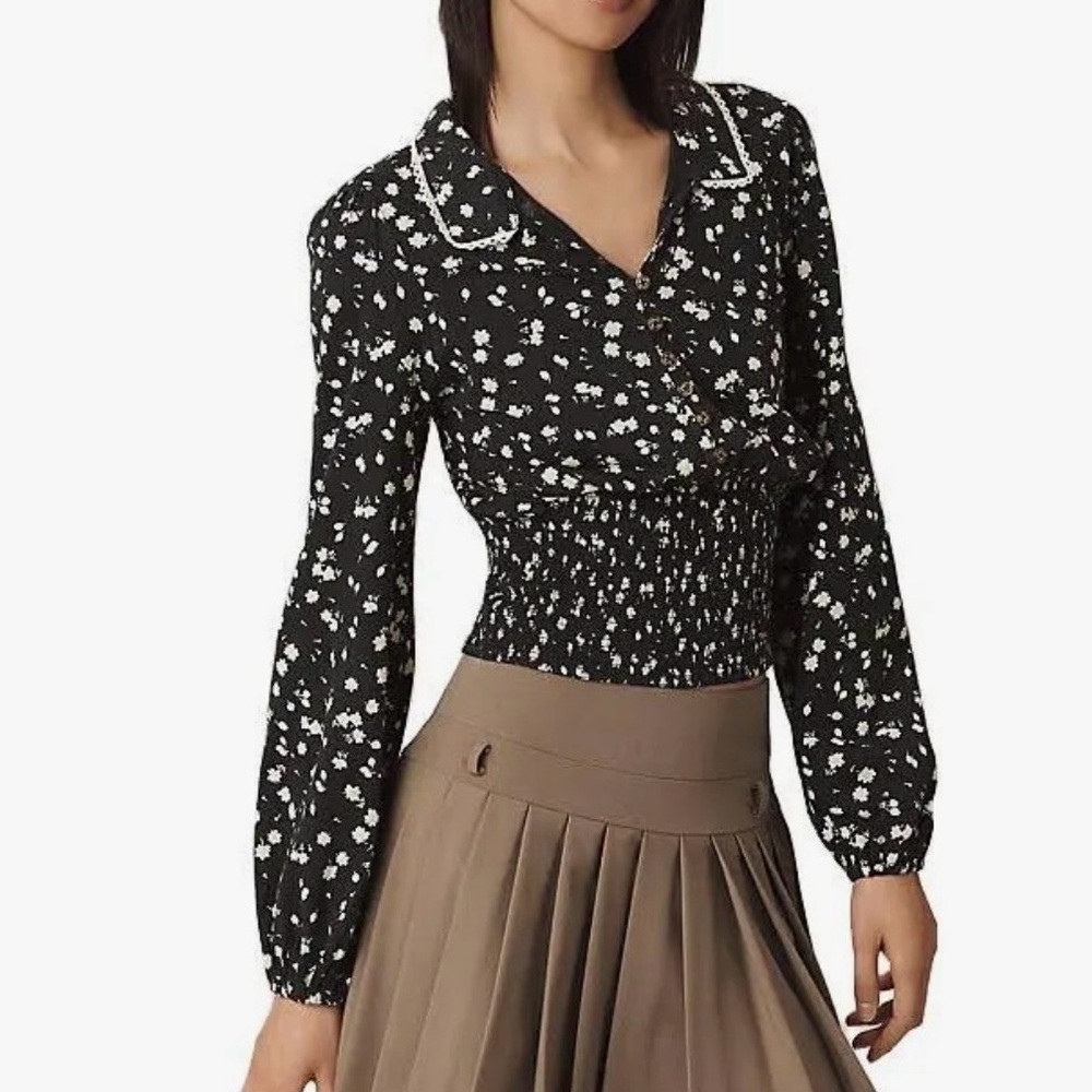 Maeve Smocked Floral Black Blouse with White Accents